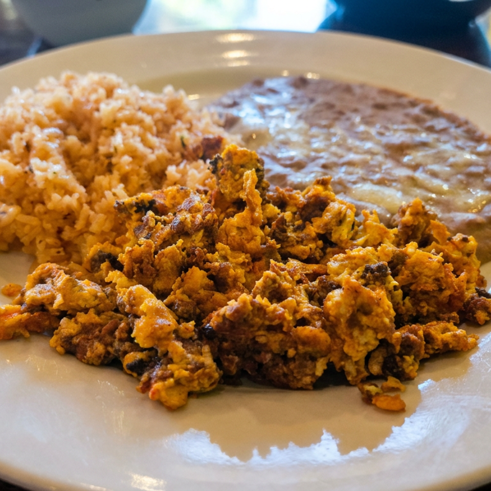 Plate of crispy golden fried seafood served with seasoned rice and refried beans on a restaurant table.