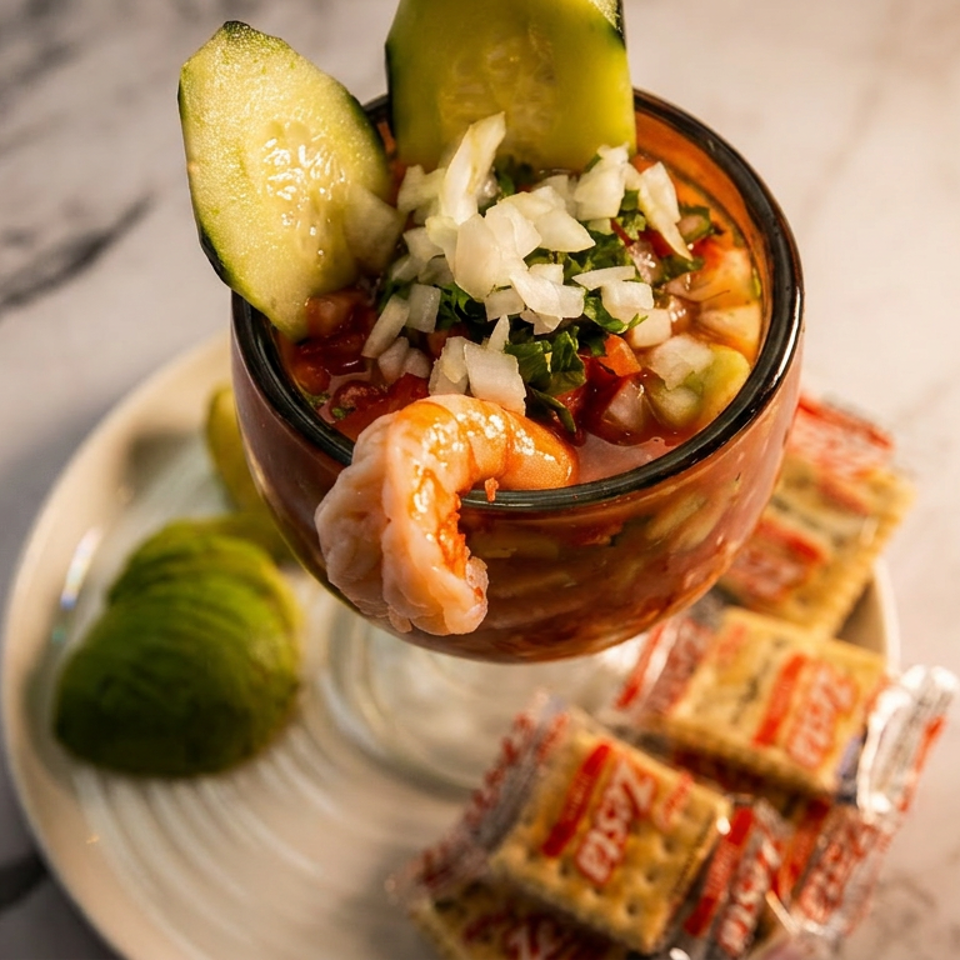 Shrimp cocktail topped with diced onion and herbs, garnished with cucumber, served with avocado and crackers on a plate.