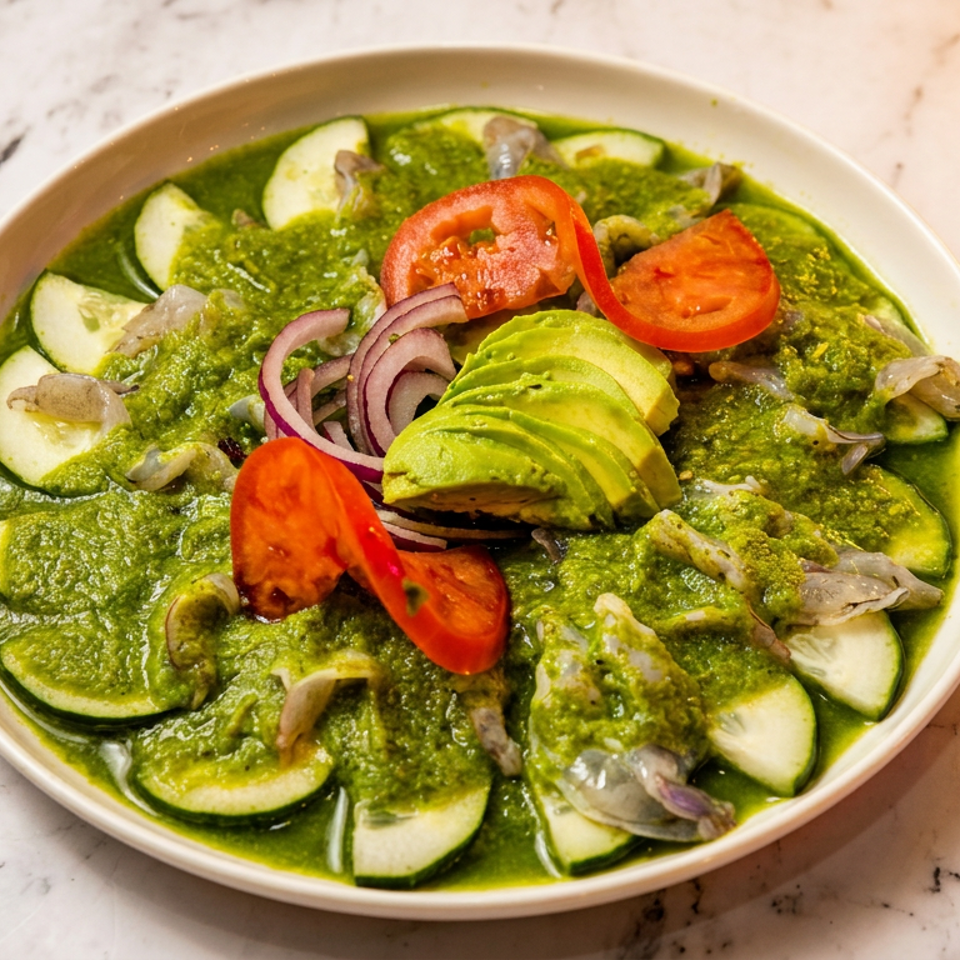 Plate of green-sauced zucchini slices topped with avocado, tomato, red onion, mushrooms, and shrimp on a marble countertop.