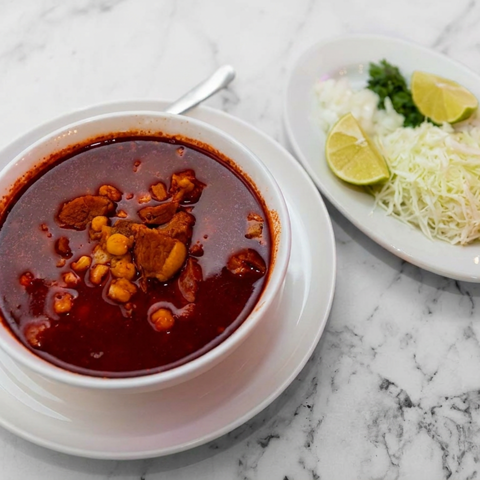 Bowl of rich red stew with meat and chickpeas, served with shredded cabbage, lime wedges, and parsley on a marble table.