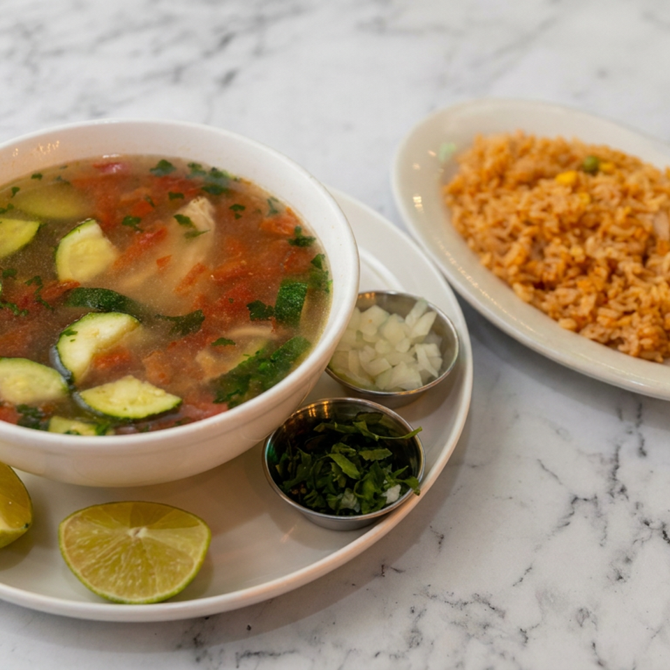 Bowl of vegetable soup with zucchini, tomatoes, lime wedges, onions, and herbs beside a plate of seasoned rice.